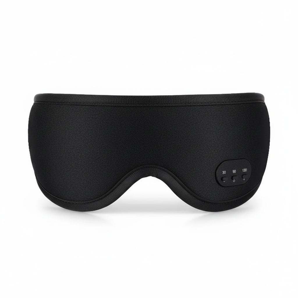 Black 3D blackout Bluetooth sleep mask with cushioned eye coverage, front view on a white background