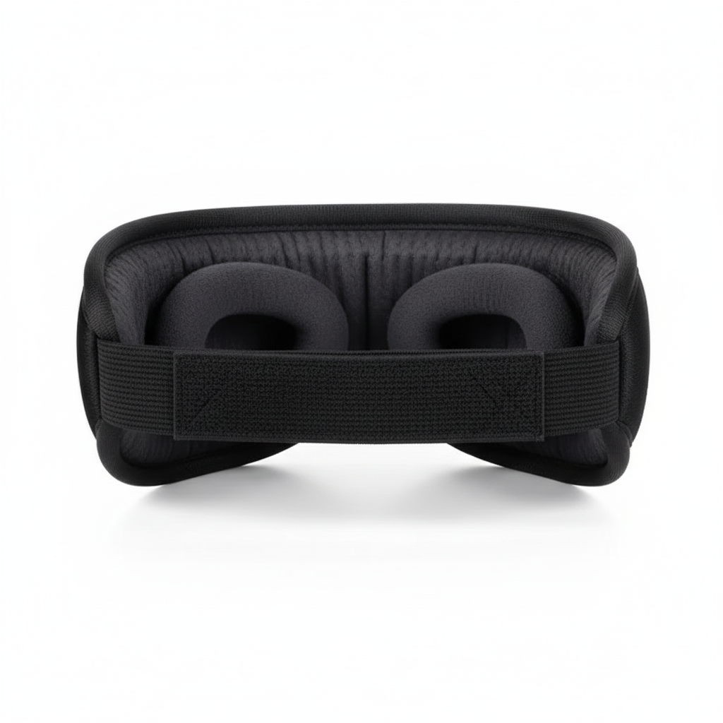 Black Bluetooth sleep mask showing adjustable elastic strap and padded construction on a white background