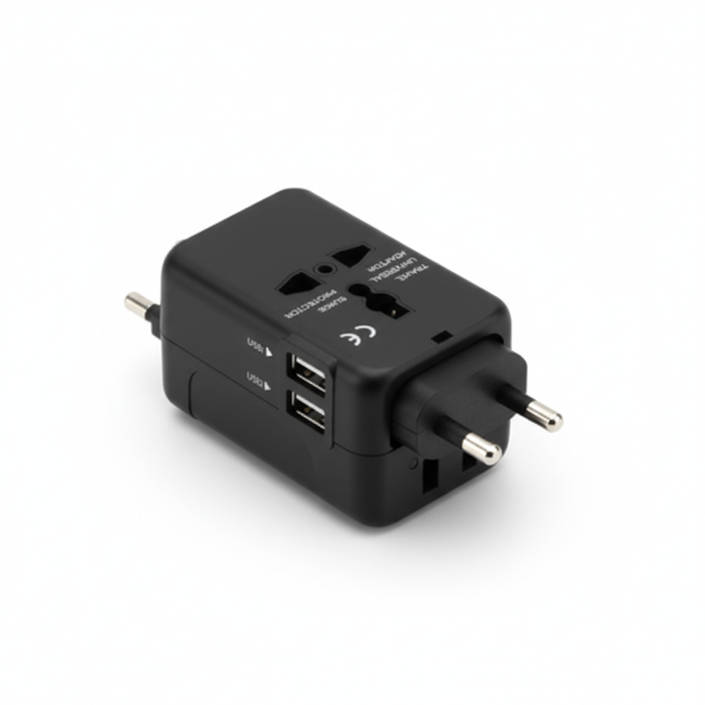 Black compact universal travel adapter showing plug formats, high-angle view on a white background