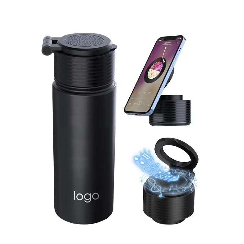 Black double-wall stainless-steel water bottle with built-in wireless speaker lid and magnetic phone mount