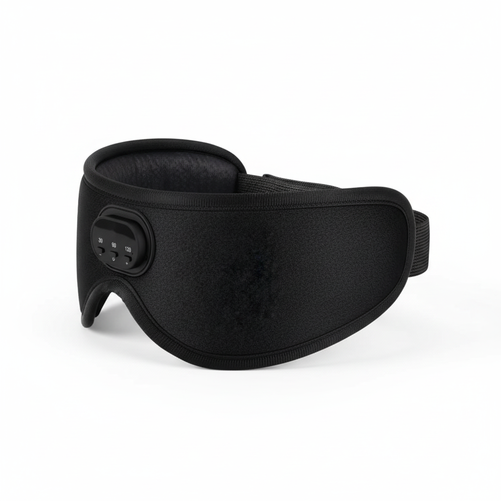 Black padded Bluetooth sleep mask side profile showing nose contour and adjustable strap on a white background
