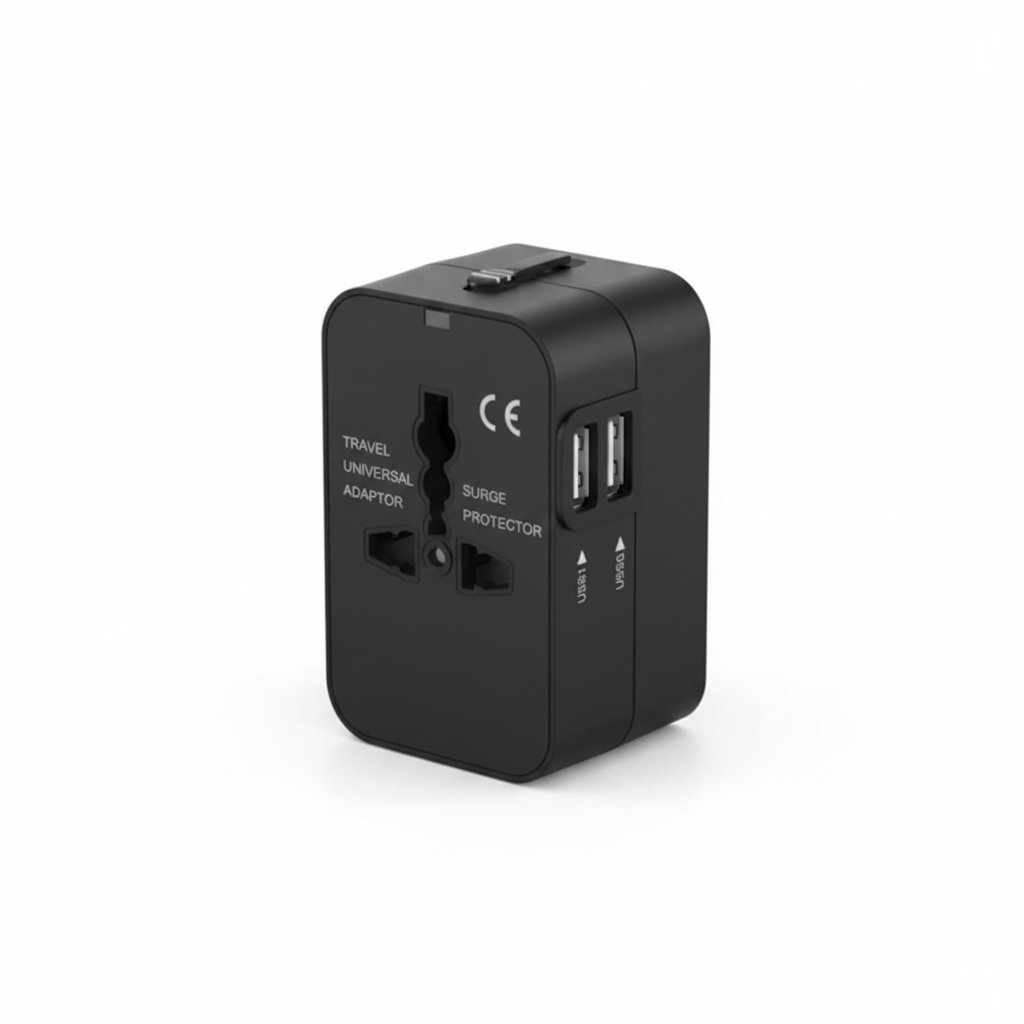 Black portable universal travel adapter side profile with USB port on a white background