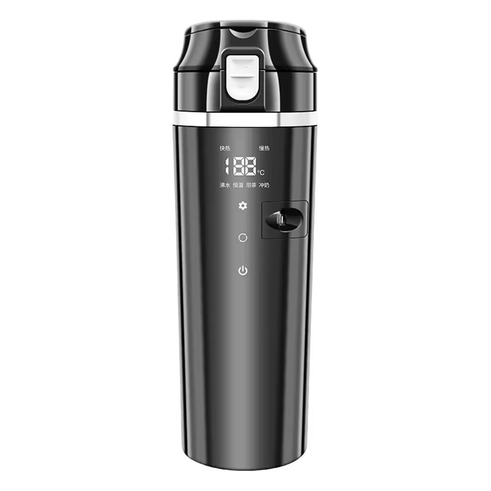 Black smart car heated travel cup with digital LCD temperature display and secure lid