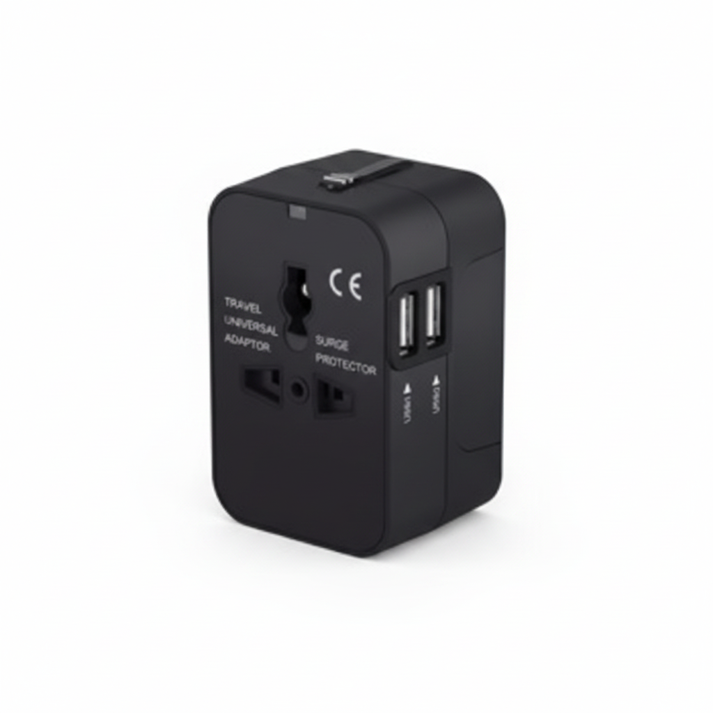 Black universal travel adapter with dual USB ports, front three-quarter view on a white background