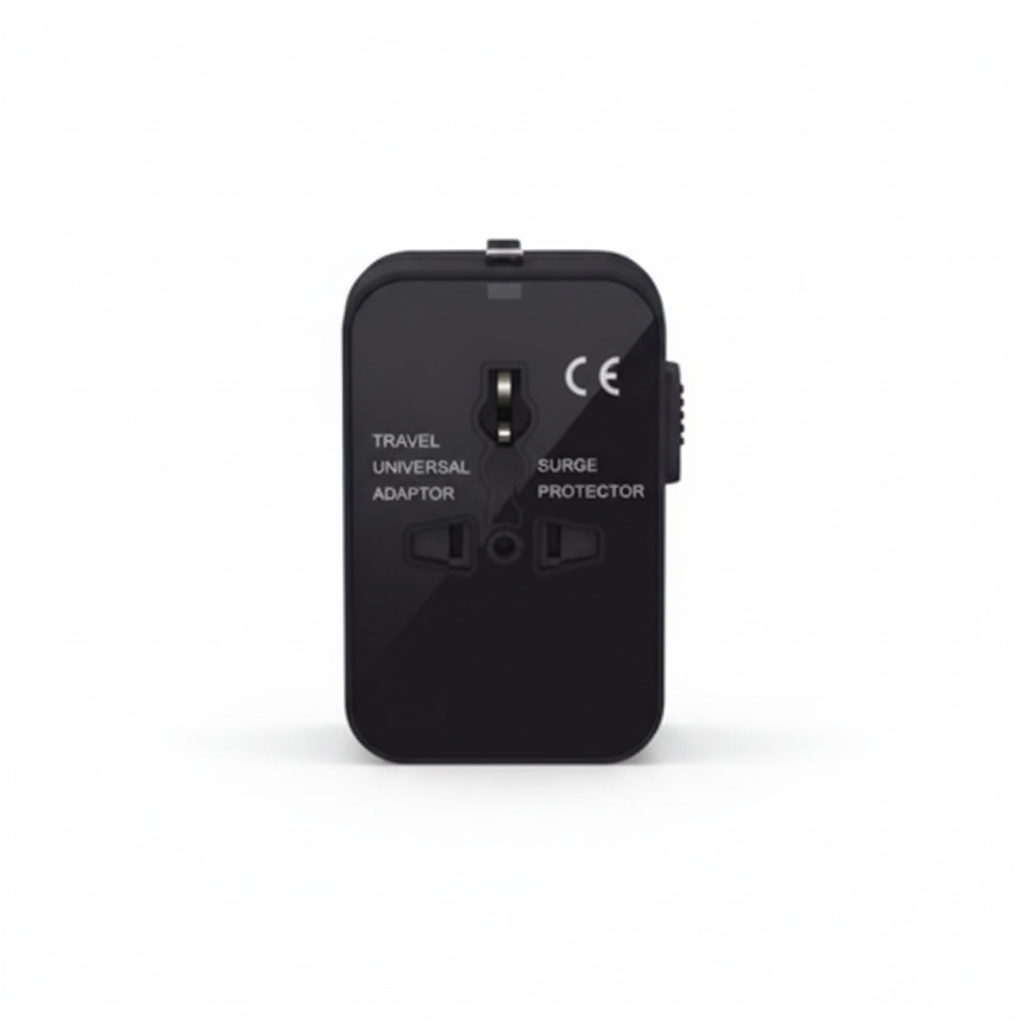 Black universal travel adapter with universal socket and dual USB ports, front view on a white background