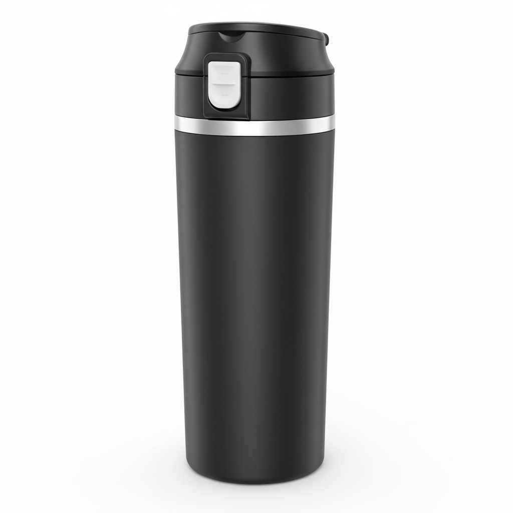 Blank black 12V/24V smart car heated travel cup with secure lid, front three-quarter view on a white background