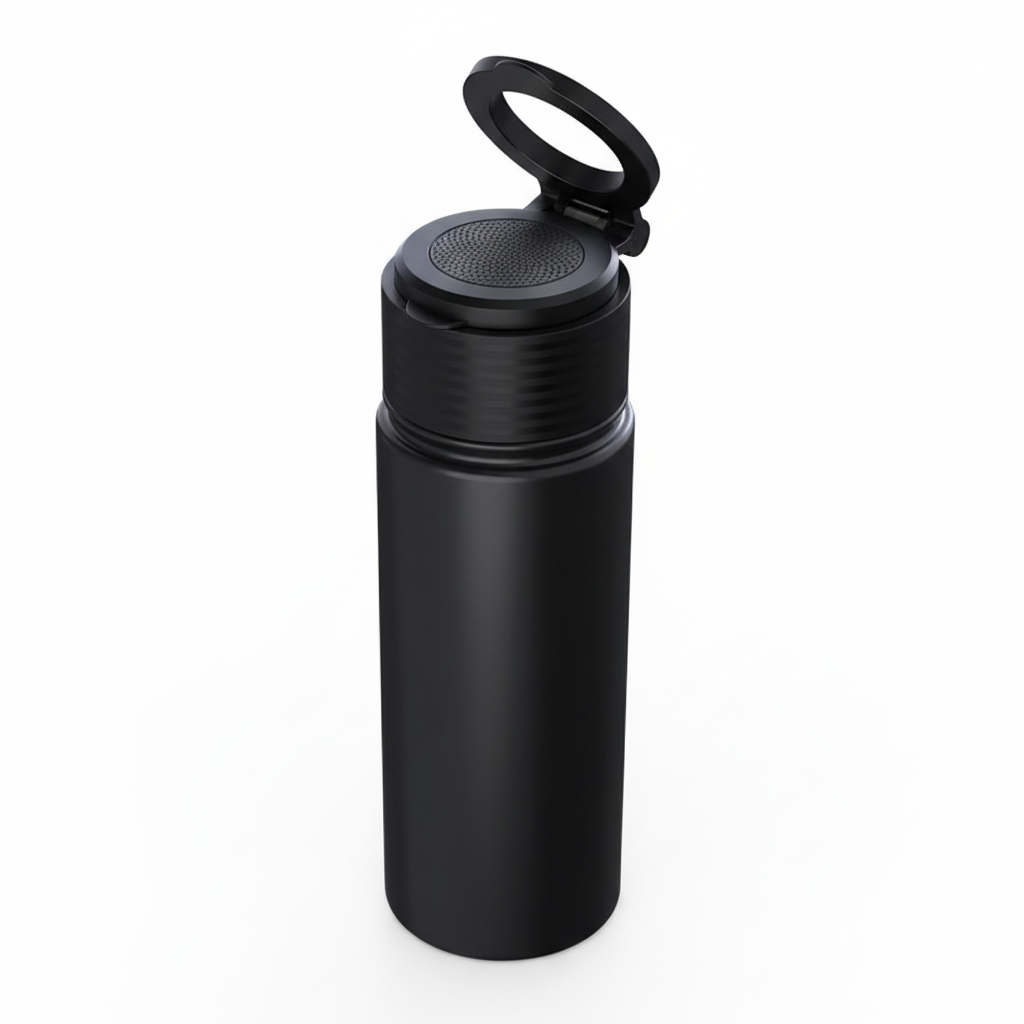 Blank black Bluetooth audio water bottle showing textured speaker top and open magnetic phone mount, high-angle view on a white background