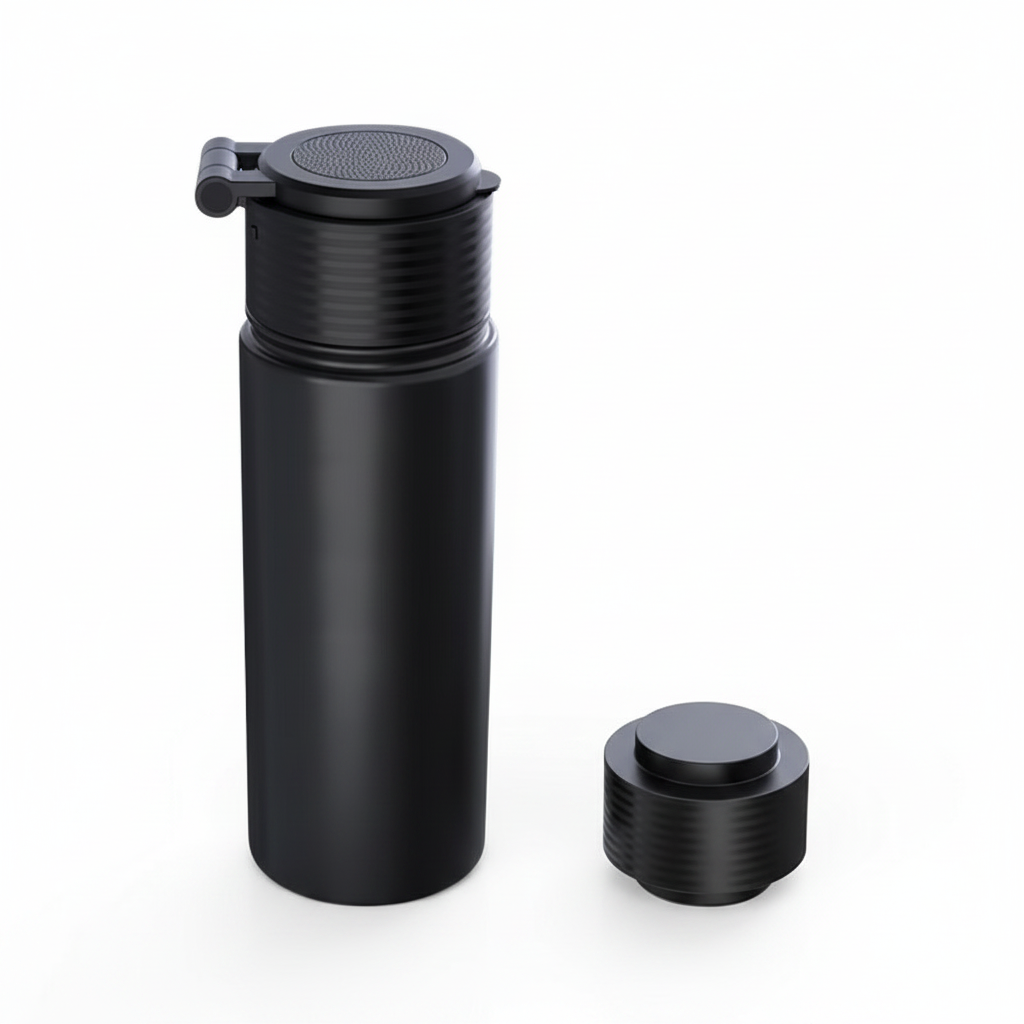 Blank black double-wall stainless-steel Bluetooth audio water bottle with speaker lid, front view on a white background