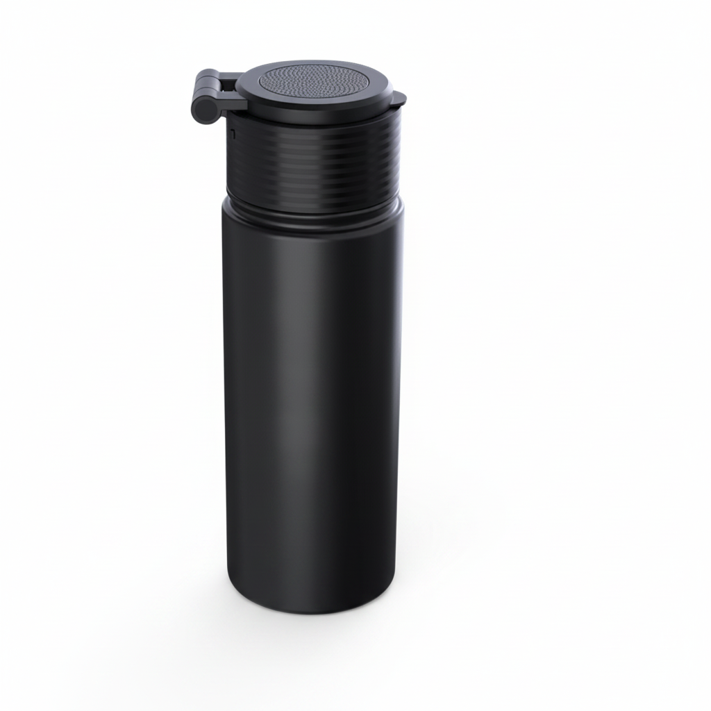 Blank black stainless-steel water bottle showing speaker lid hinge and magnetic phone mount, rear three-quarter view on a white background
