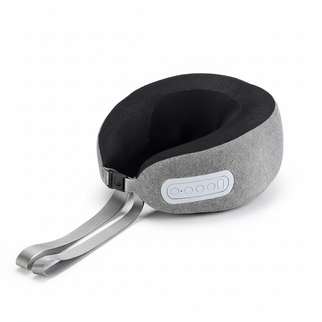 Blank gray and black U-shaped cordless neck massager with fabric cover and unmarked control panel, front view on a white background