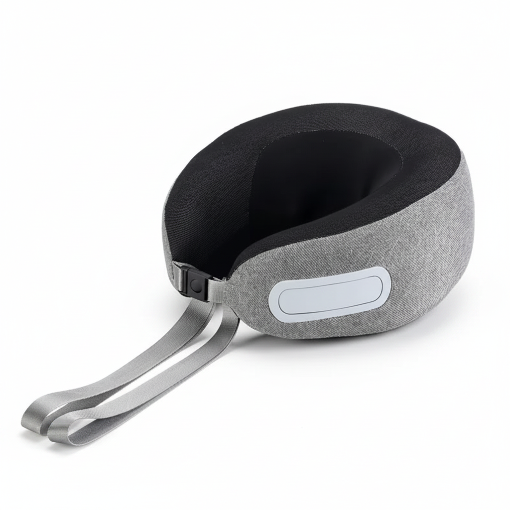 Blank gray and black U-shaped memory-foam neck massager showing plain textile cover and strap, rear three-quarter view on a white background