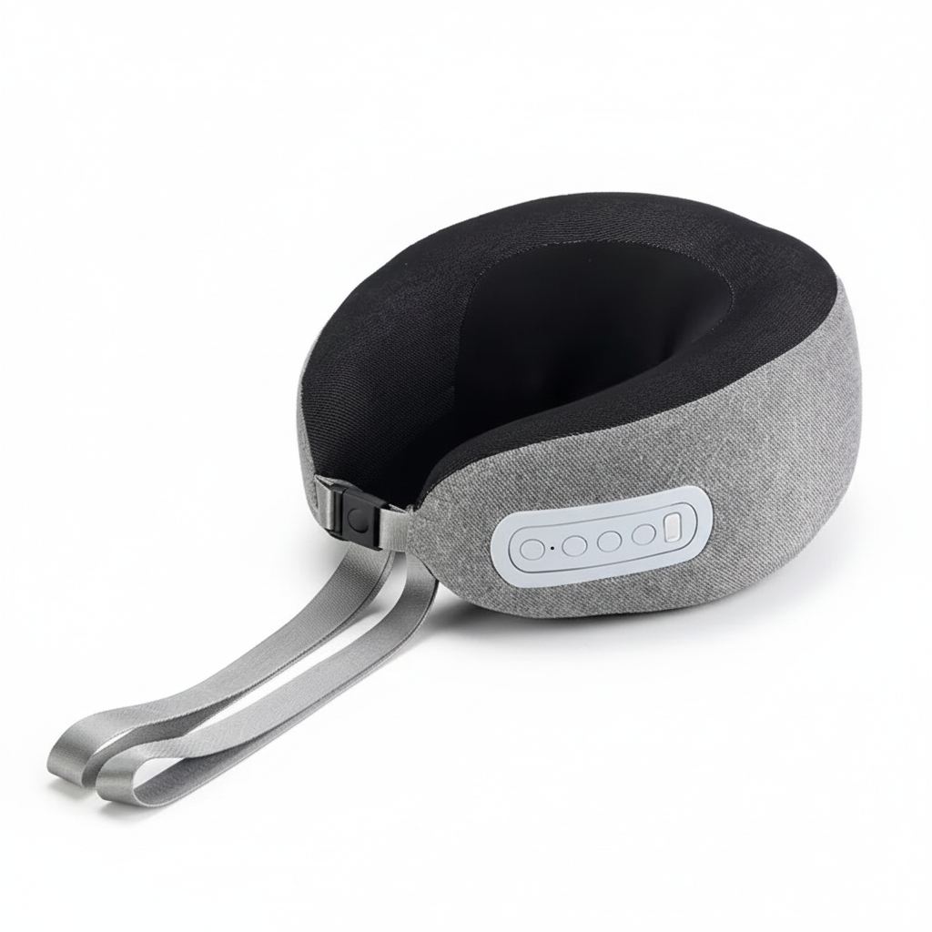 Blank gray and black cordless heated neck massager showing padded contours and unmarked control panel, high-angle view on a white background