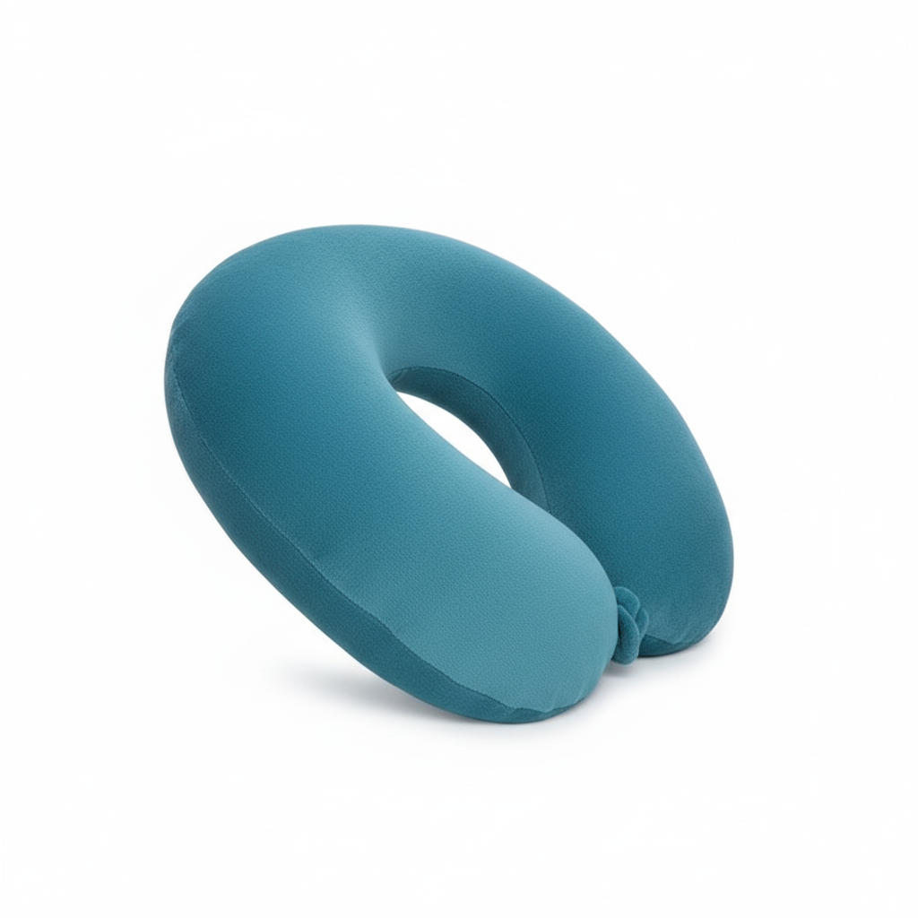 Blank teal-blue U-shaped memory-foam travel pillow showing the plain knitted cover and fastening detail, rear three-quarter view on a white background