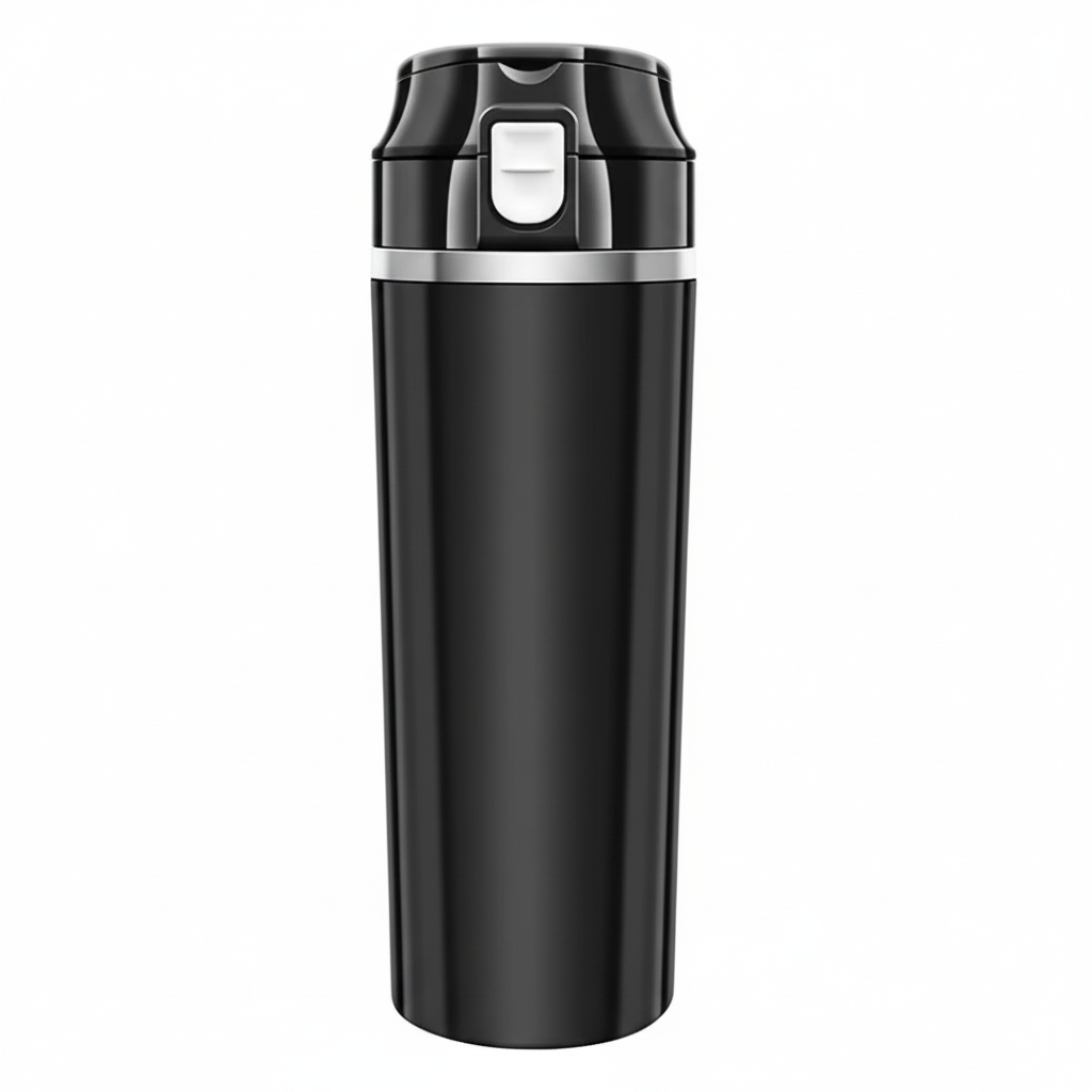 Close-up of blank black ABS heated travel cup body, lid seal, and unmarked control area on a white background