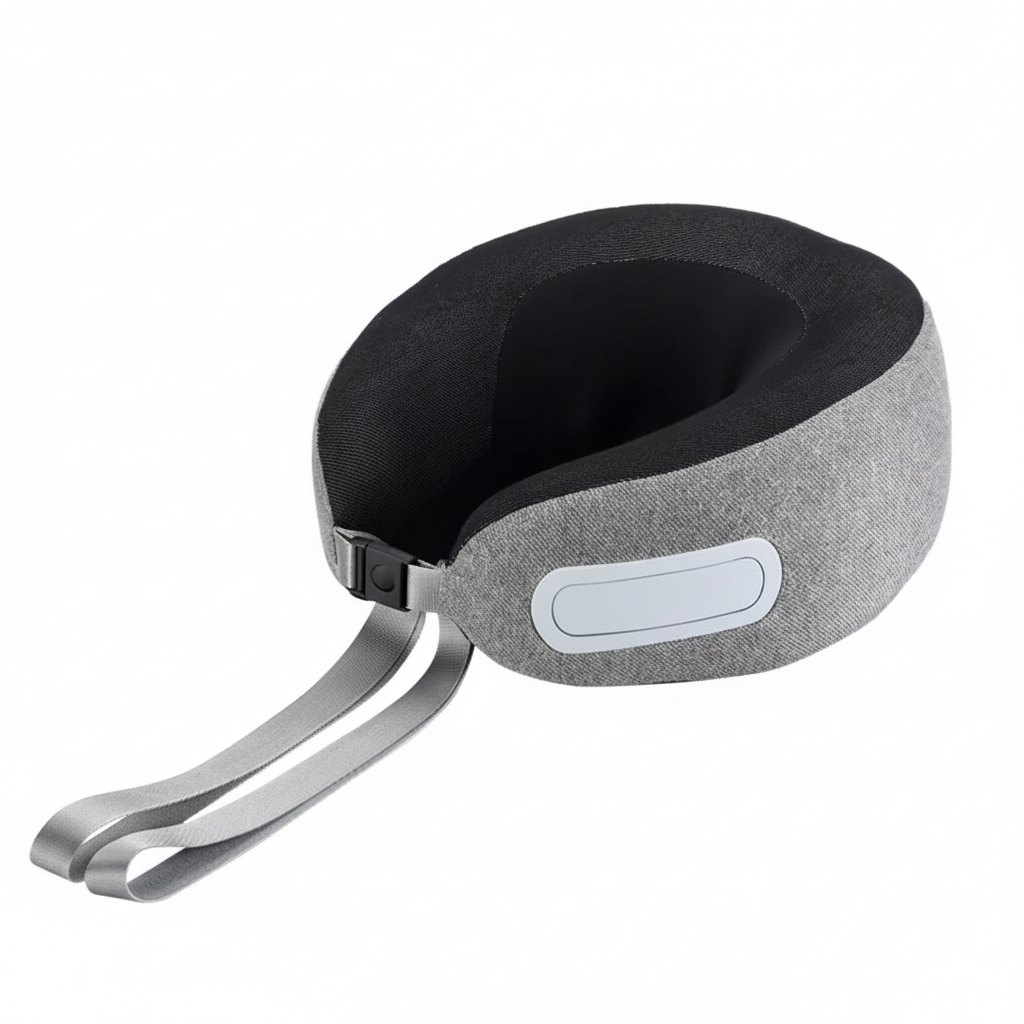 Close-up of blank gray and black woven fabric neck massager cover, memory-foam edge, and unmarked controls on a white background