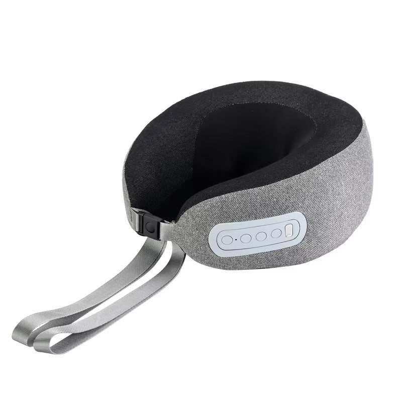 Gray and black cordless U-shaped neck massager with memory foam, dual motors, and infrared heating for travel