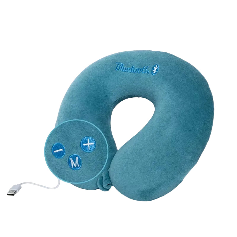Teal Bewalker U-shaped Bluetooth music travel pillow with memory foam neck support and USB charging cable