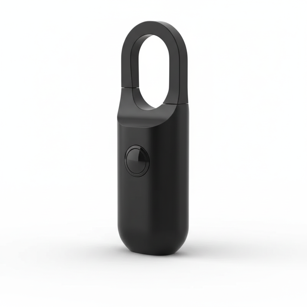 Blank black rechargeable fingerprint padlock showing rounded body, shackle opening, and clean sensor area, high-angle view on a white background