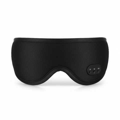 Black 3D blackout Bluetooth sleep mask with cushioned eye coverage, front view on a white background