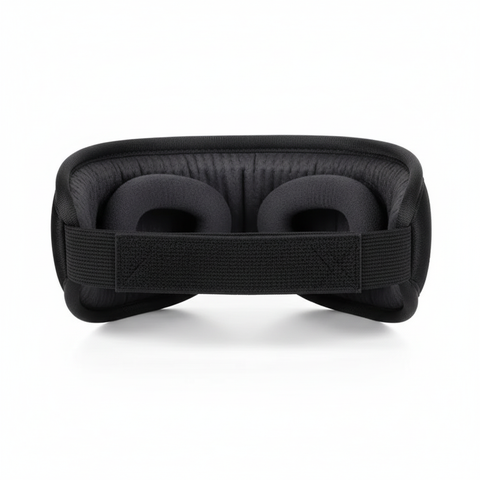 Black Bluetooth sleep mask showing adjustable elastic strap and padded construction on a white background