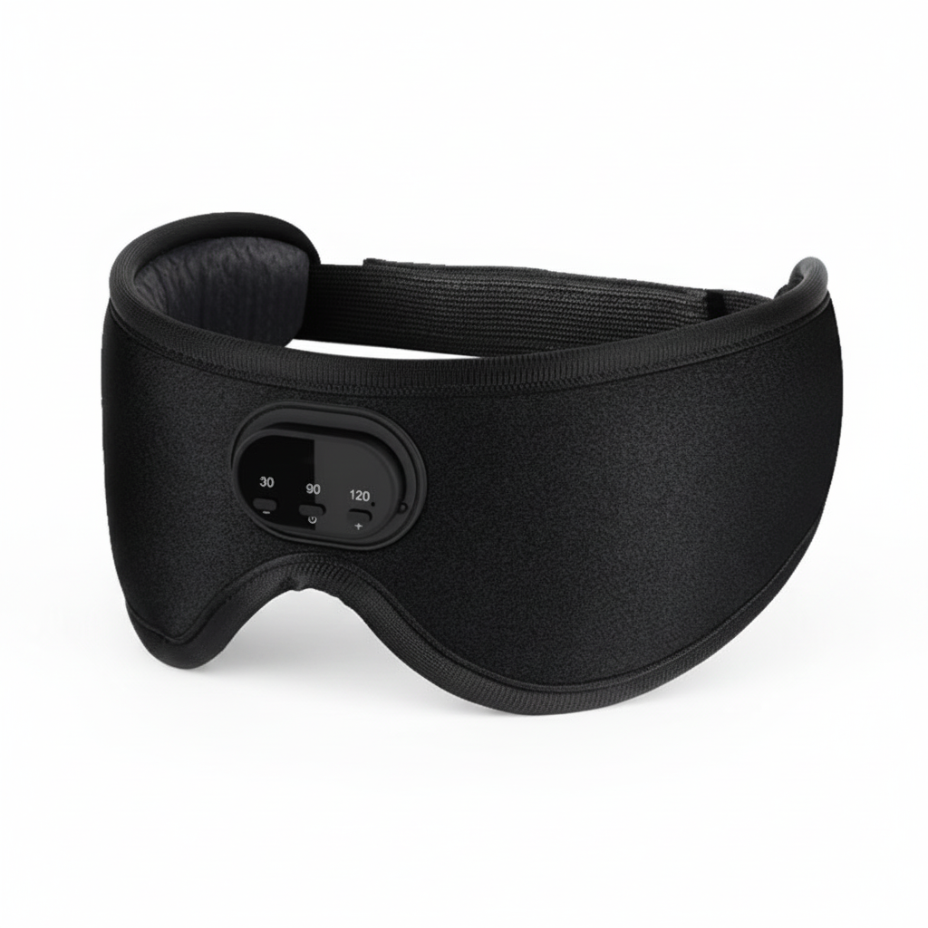 Black Bluetooth sleep mask showing curved 3D blackout contour, padded eye cups, and front controls on a white background