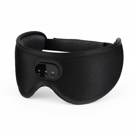 Black Bluetooth sleep mask showing curved 3D blackout contour, padded eye cups, and front controls on a white background