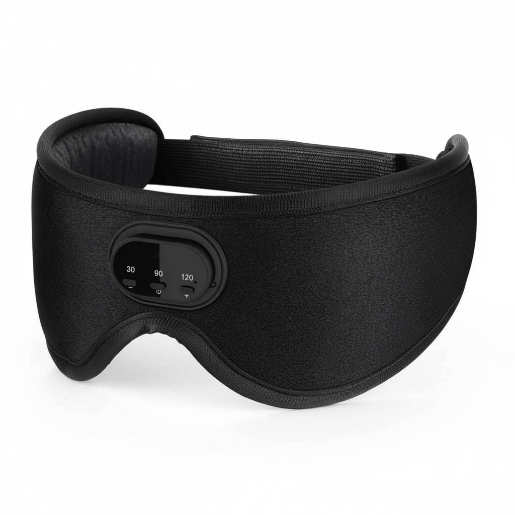 Black Bluetooth sleep mask with blackout eye coverage and front audio control panel on a white background