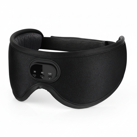 Black Bluetooth sleep mask with blackout eye coverage and front audio control panel on a white background