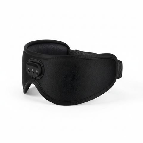 Black padded Bluetooth sleep mask side profile showing nose contour and adjustable strap on a white background