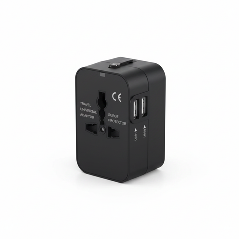 Black portable universal travel adapter side profile with USB port on a white background