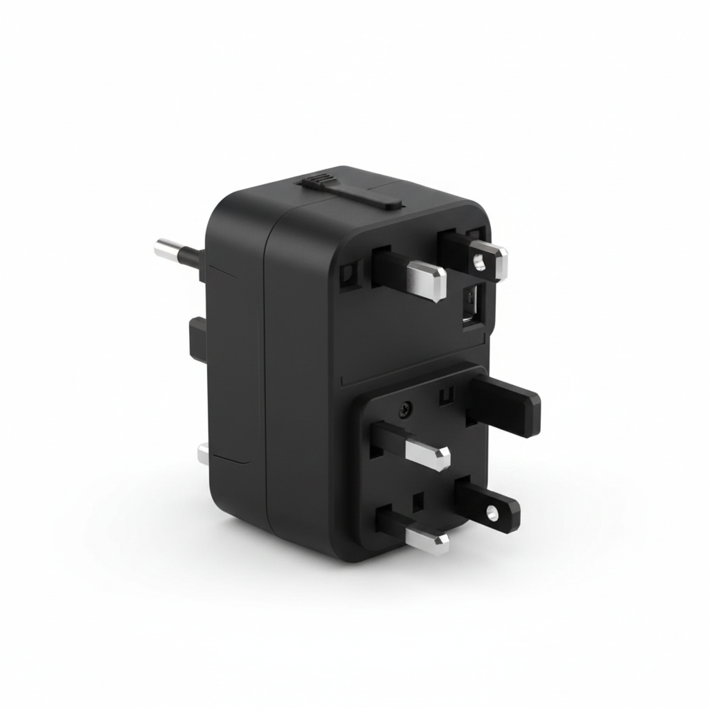 Black universal travel adapter showing multiple plug formats, rear three-quarter view on a white background
