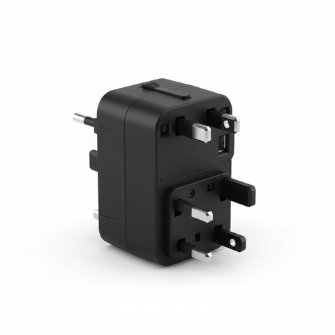 Black universal travel adapter showing multiple plug formats, rear three-quarter view on a white background