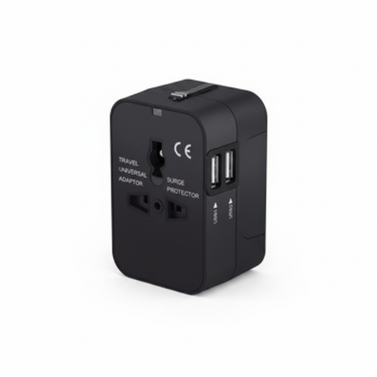 Black universal travel adapter with dual USB ports, front three-quarter view on a white background