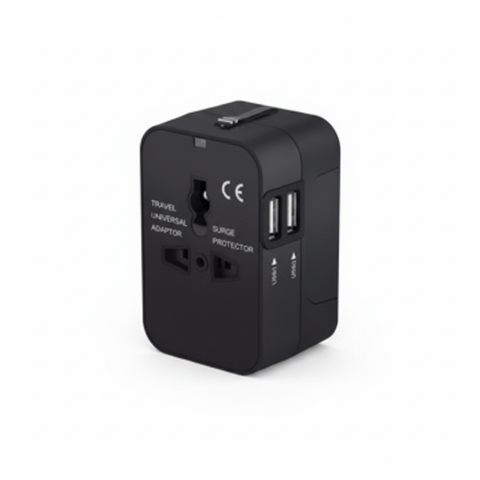 Black universal travel adapter with dual USB ports, front three-quarter view on a white background