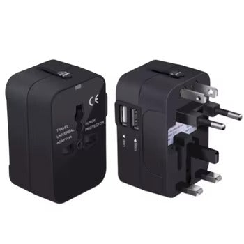 Black universal travel adapter with multiple plug formats and two USB ports