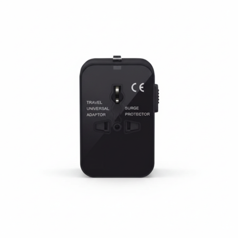 Black universal travel adapter with universal socket and dual USB ports, front view on a white background