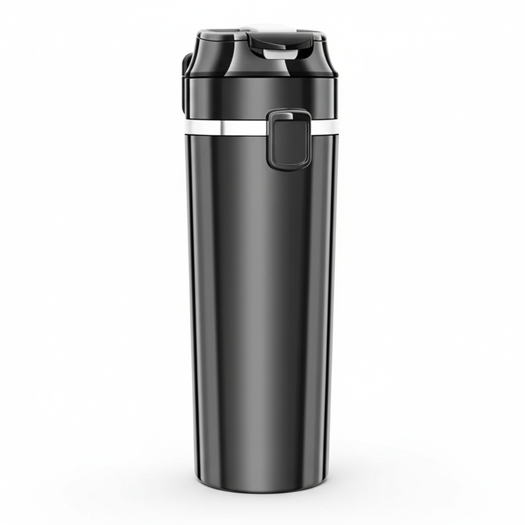Blank black 12V/24V heated vehicle travel cup showing plain body and power connection area, rear three-quarter view on a white background