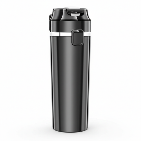 Blank black 12V/24V heated vehicle travel cup showing plain body and power connection area, rear three-quarter view on a white background