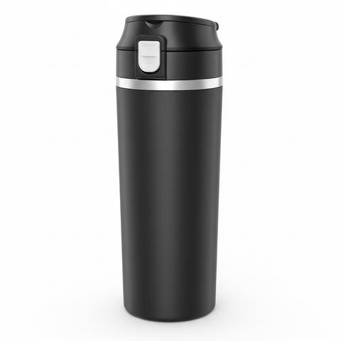 Blank black 12V/24V smart car heated travel cup with secure lid, front three-quarter view on a white background