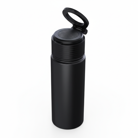 Blank black Bluetooth audio water bottle showing textured speaker top and open magnetic phone mount, high-angle view on a white background
