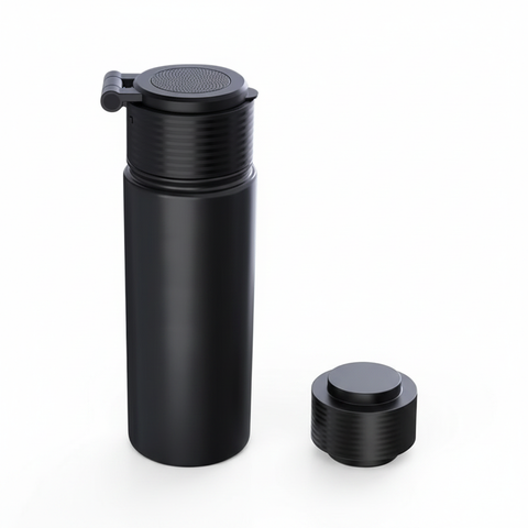 Blank black double-wall stainless-steel Bluetooth audio water bottle with speaker lid, front view on a white background