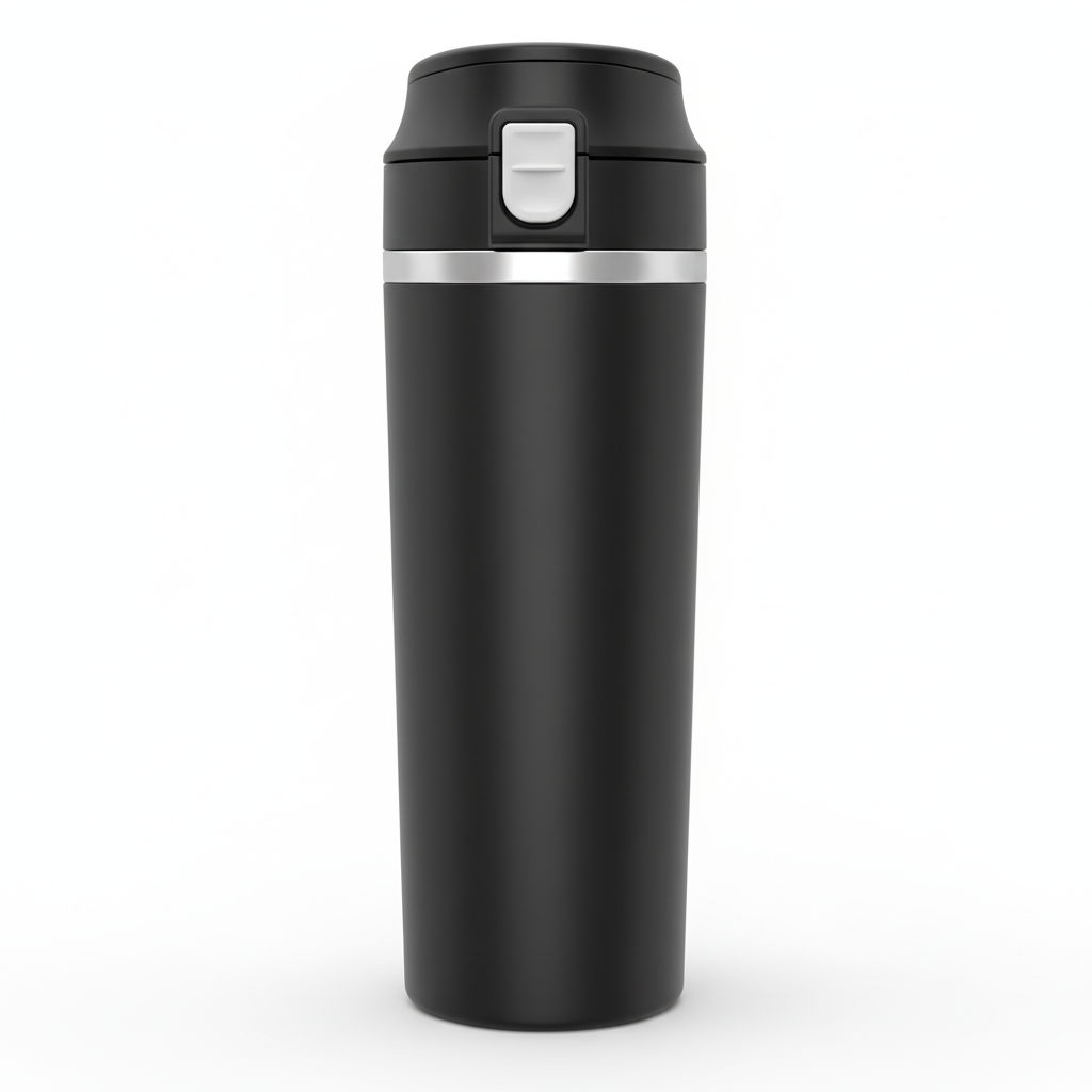 Blank black smart car heated travel cup with clean lid and smooth body, front view on a white background