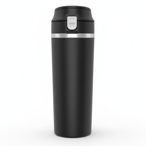 Blank black smart car heated travel cup with clean lid and smooth body, front view on a white background