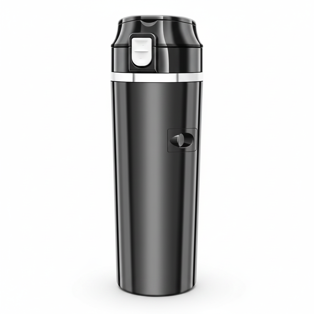 Blank black smart heated travel cup showing clean lid, closed drinking opening, and unmarked control area, high-angle view on a white background
