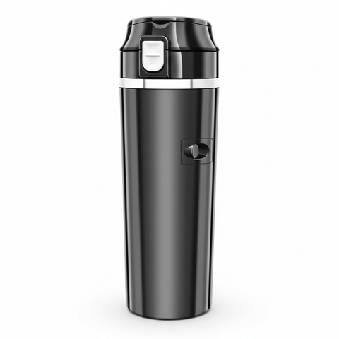 Blank black smart heated travel cup showing clean lid, closed drinking opening, and unmarked control area, high-angle view on a white background