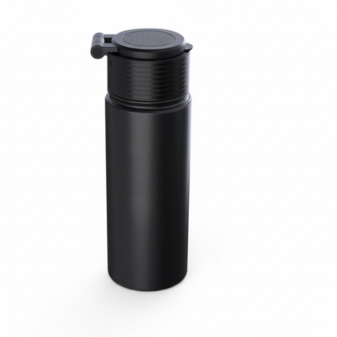 Blank black stainless-steel water bottle showing speaker lid hinge and magnetic phone mount, rear three-quarter view on a white background