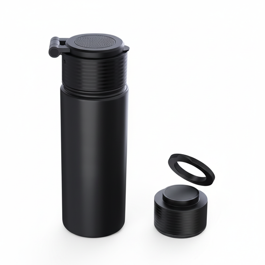 Blank black stainless-steel water bottle with wireless speaker lid and magnetic phone mount, front three-quarter view on a white background
