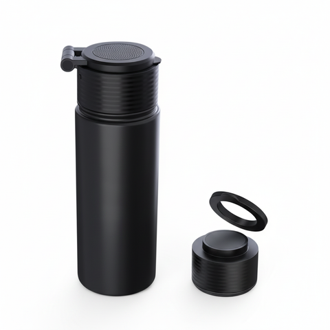 Blank black stainless-steel water bottle with wireless speaker lid and magnetic phone mount, front three-quarter view on a white background