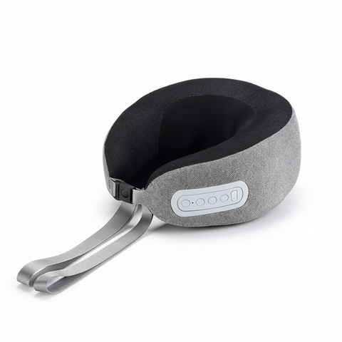 Blank gray and black U-shaped cordless neck massager with fabric cover and unmarked control panel, front view on a white background