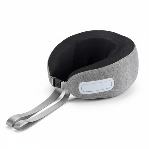 Blank gray and black U-shaped memory-foam neck massager showing plain textile cover and strap, rear three-quarter view on a white background